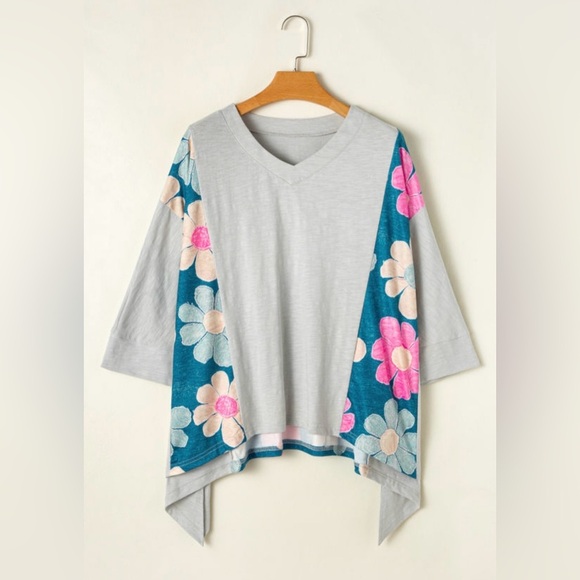 Floral V-Neck Women's Top - Green and Pink - Picture 7 of 15